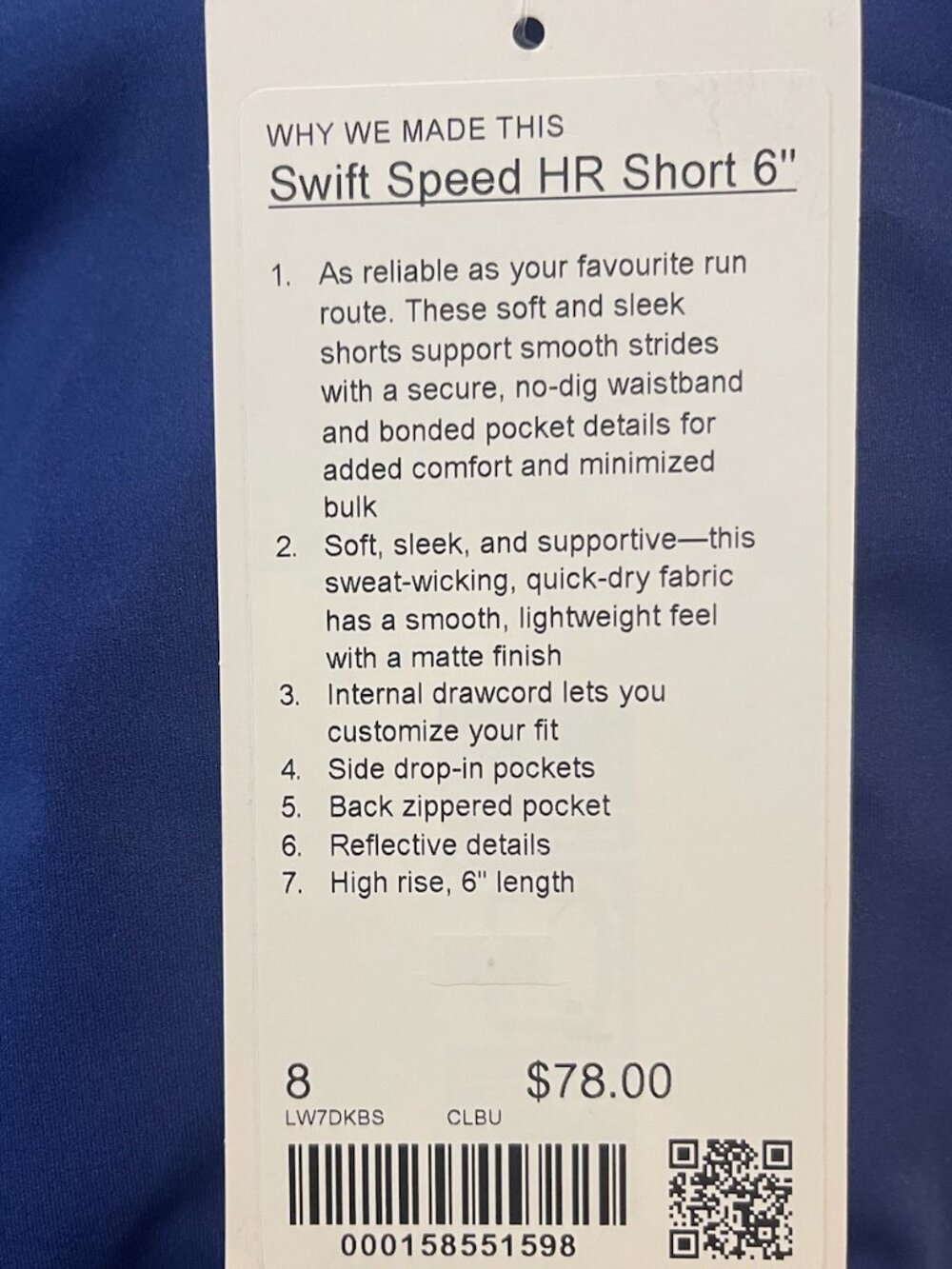 **NWT** Lululemon Swift Speed HR Short 6", size 8 (blue) - Picture 7 of 7